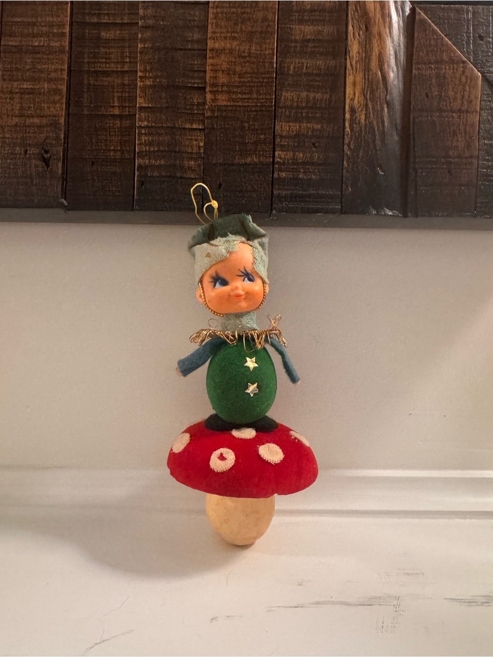 Vintage 1960s Japan Flocked Pixie Elf Mushroom Christmas Ornament MCM